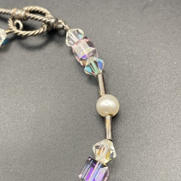 Vtg  Bracelet Sterling Silver Crystal Clear AB Pink Cube Bicone Faux Pearl  7" - Picture 6 of 8